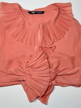 Zara Pink Pleated Ruffle Sheer Chiffon Blouse Women’s Small Feminine Top